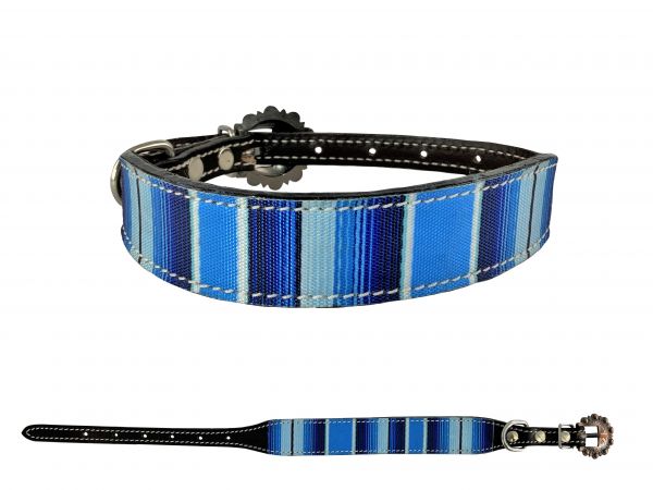 Dark Oil Leather Dog Collar with Blue Southwest Nylon Overlay