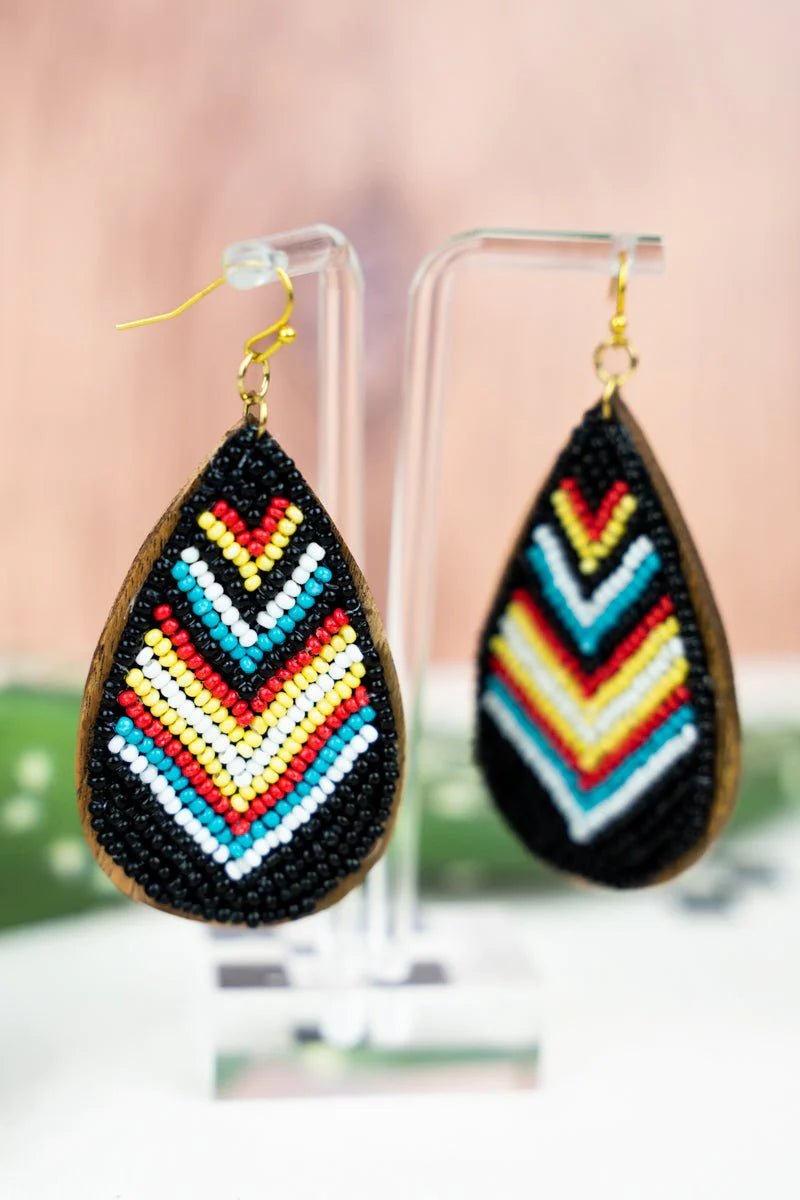 Oak Creek Wood and Turquoise/Black Seed Bead Teardrop Earrings