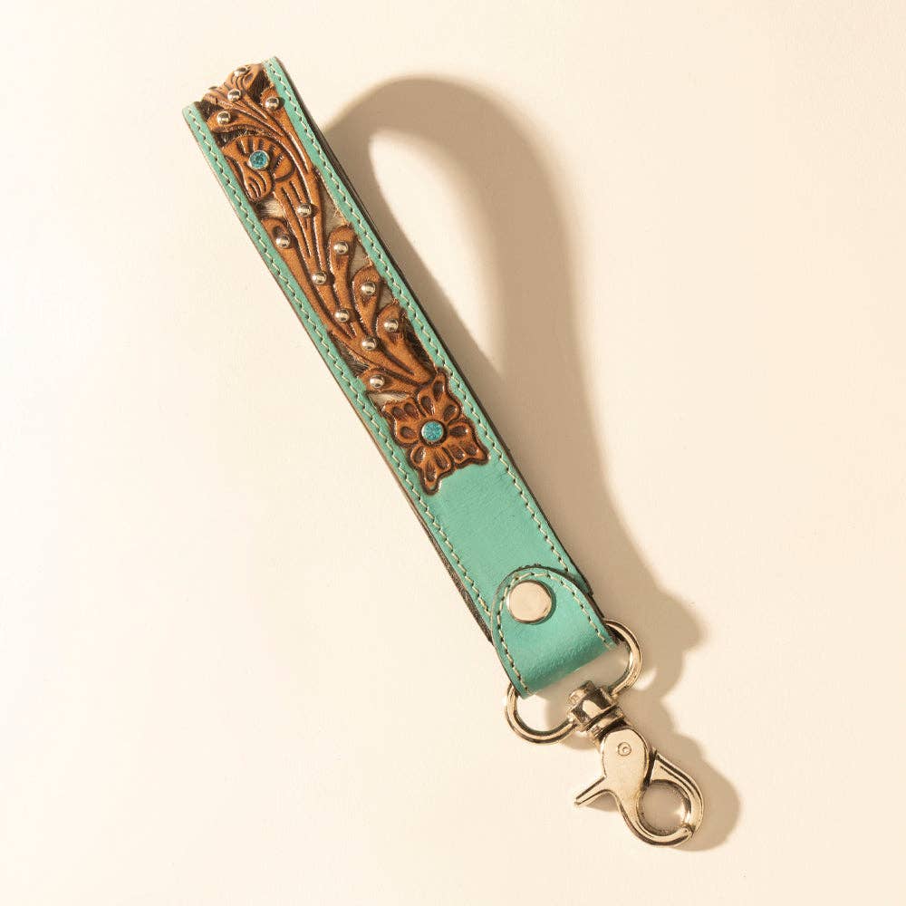 River Glen Handtooled Hairon Leather Key Fob in Aqua Saddle