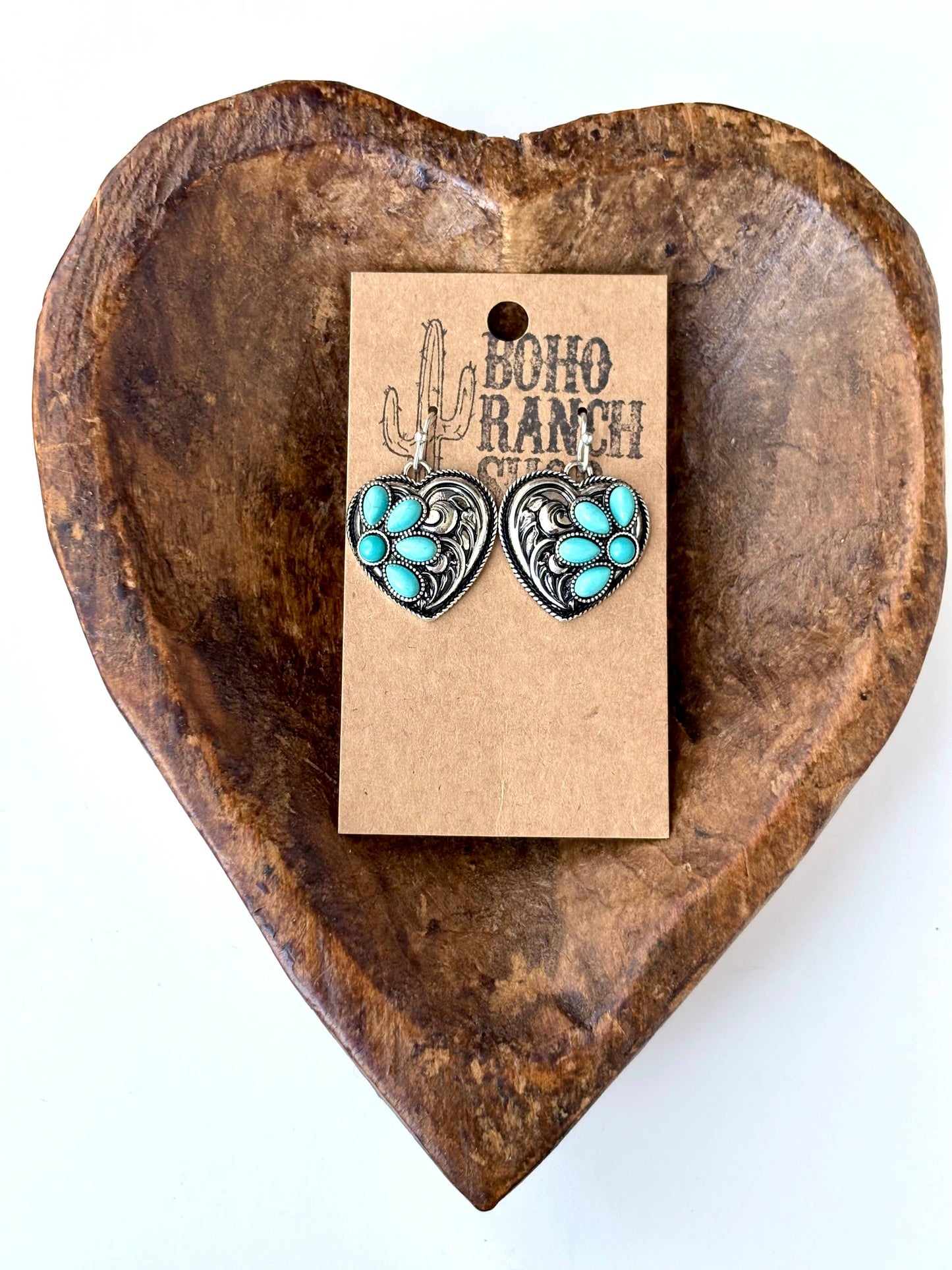 Western Style Heart w/ Turquoise Stone Dangle Earrings