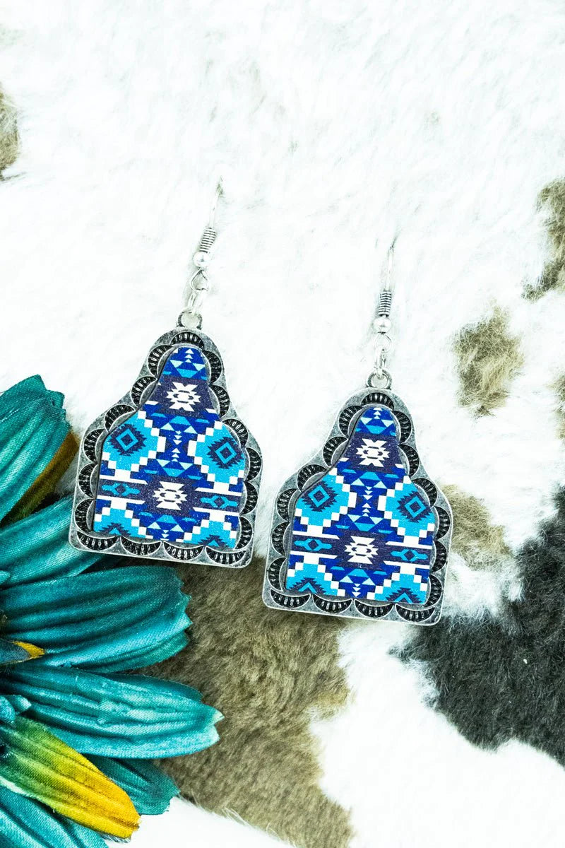 Blue Moon Silvertone and Wood Cattle Tag Earrings