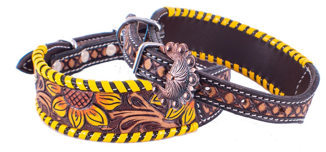 Sunflower Tooled Leather Dog Collar w/ Yellow Lacing