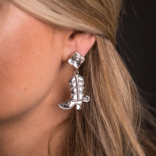 Silver Rhinestone Cowboy Boot Earring on Rhinestone Post