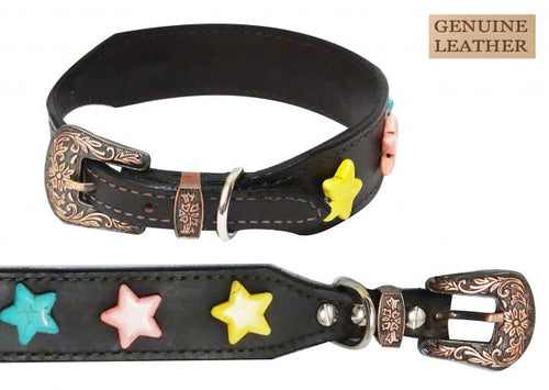 Genuine Leather Dog Collar with Large Star Beads