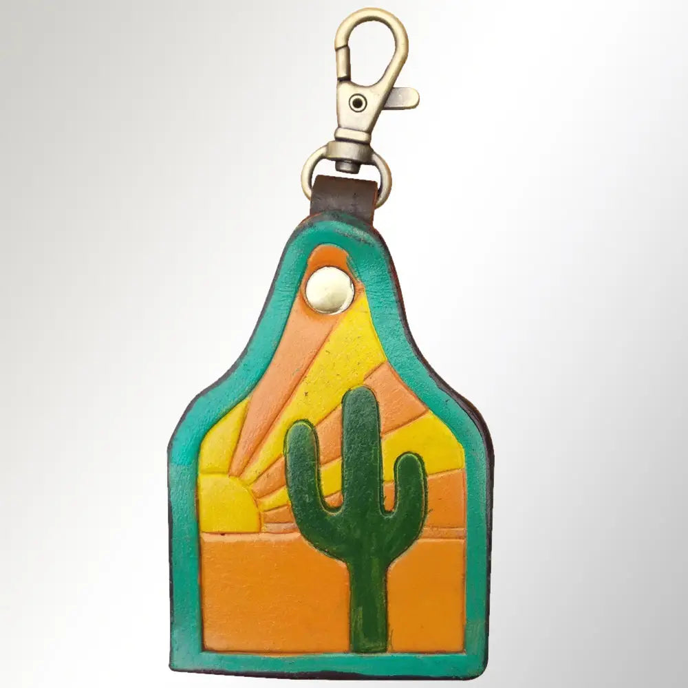 Sunrise Cactus Leather Keychain