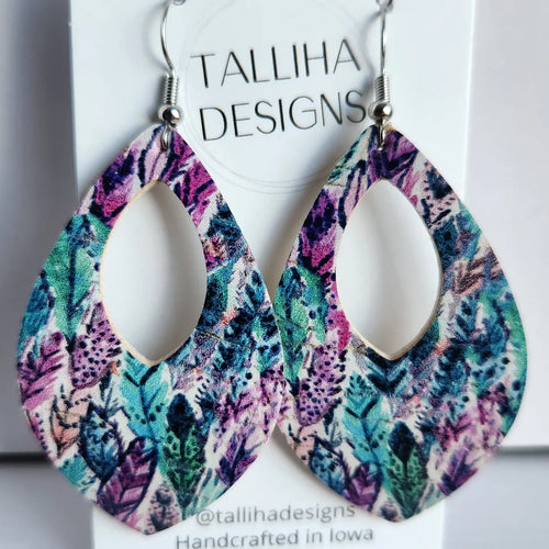 Purple Blue Feathers Genuine Leather Backed Cork Earrings