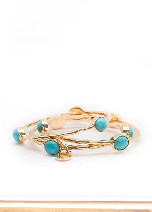 Set/ 3 Burnished Gold Bangles With Turquoise Ovals