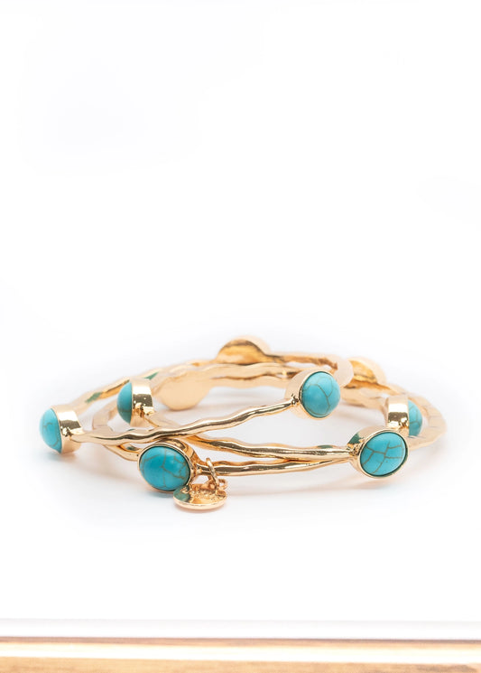 Set/ 3 Burnished Gold Bangles With Turquoise Ovals