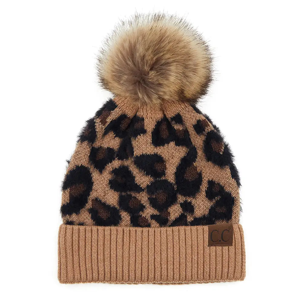 C.C Leopard Pattern Beanie Hat with Pom