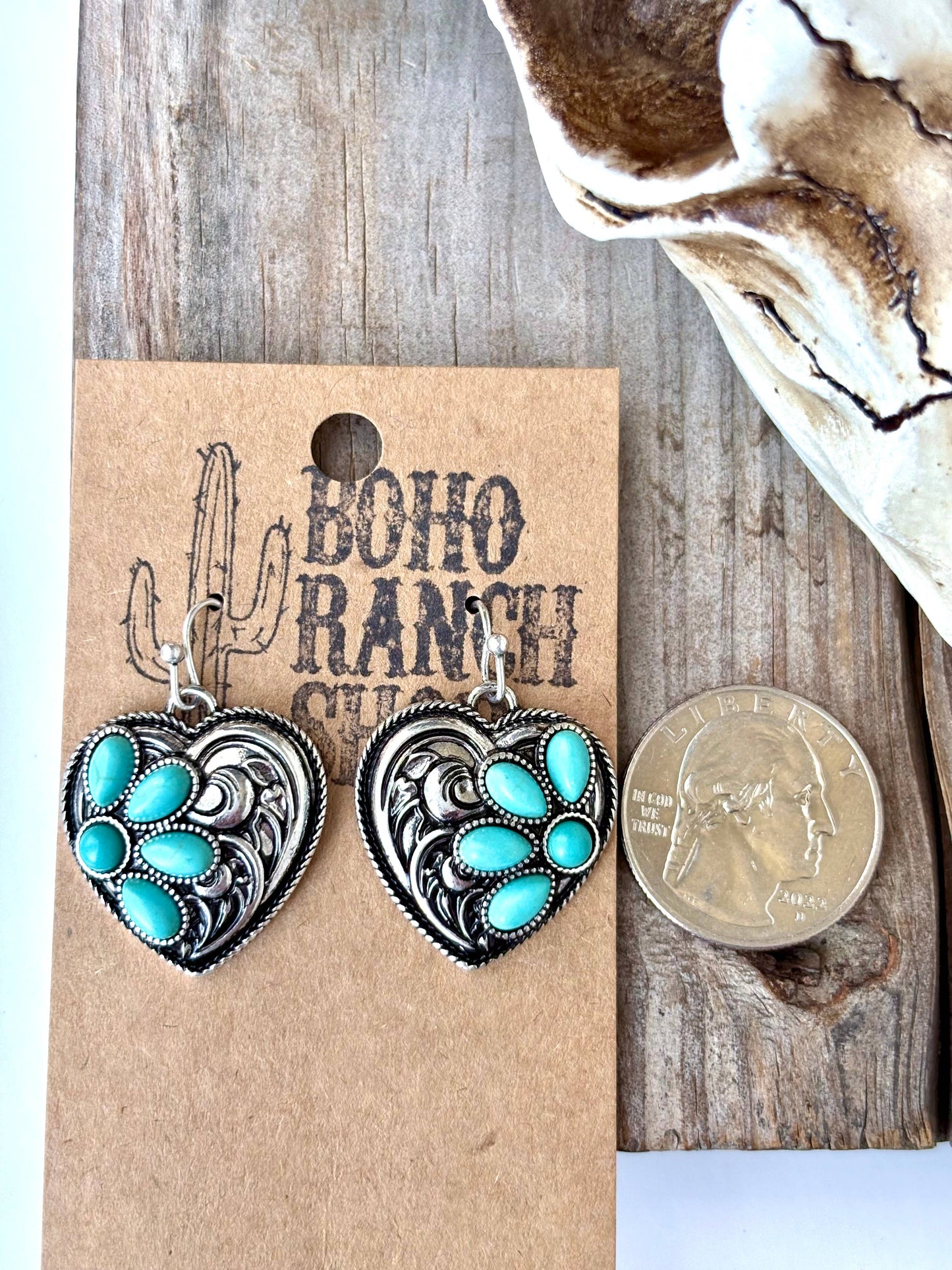 Western Style Heart w/ Turquoise Stone Dangle Earrings