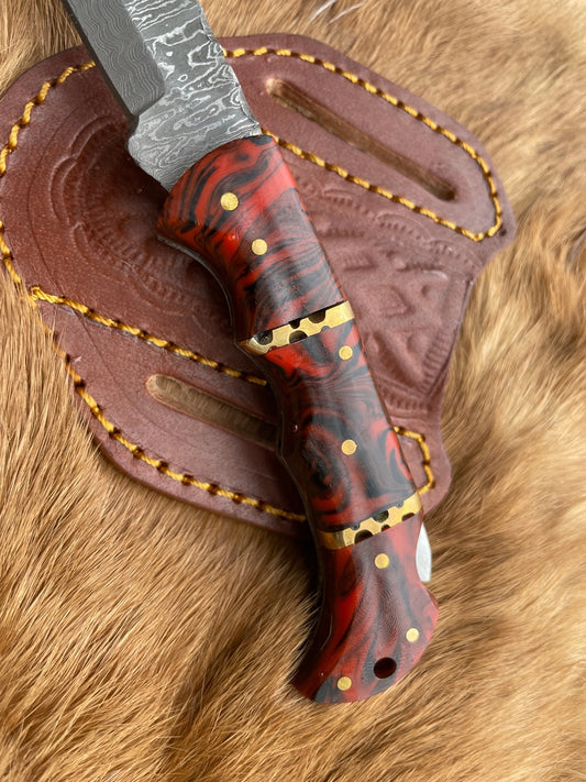 Red Resin Wood Pocket Knife Damascus Steel