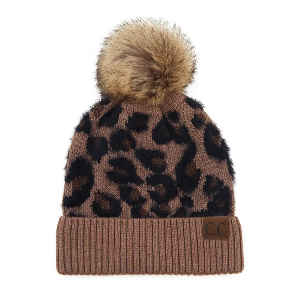 C.C Leopard Pattern Beanie Hat with Pom