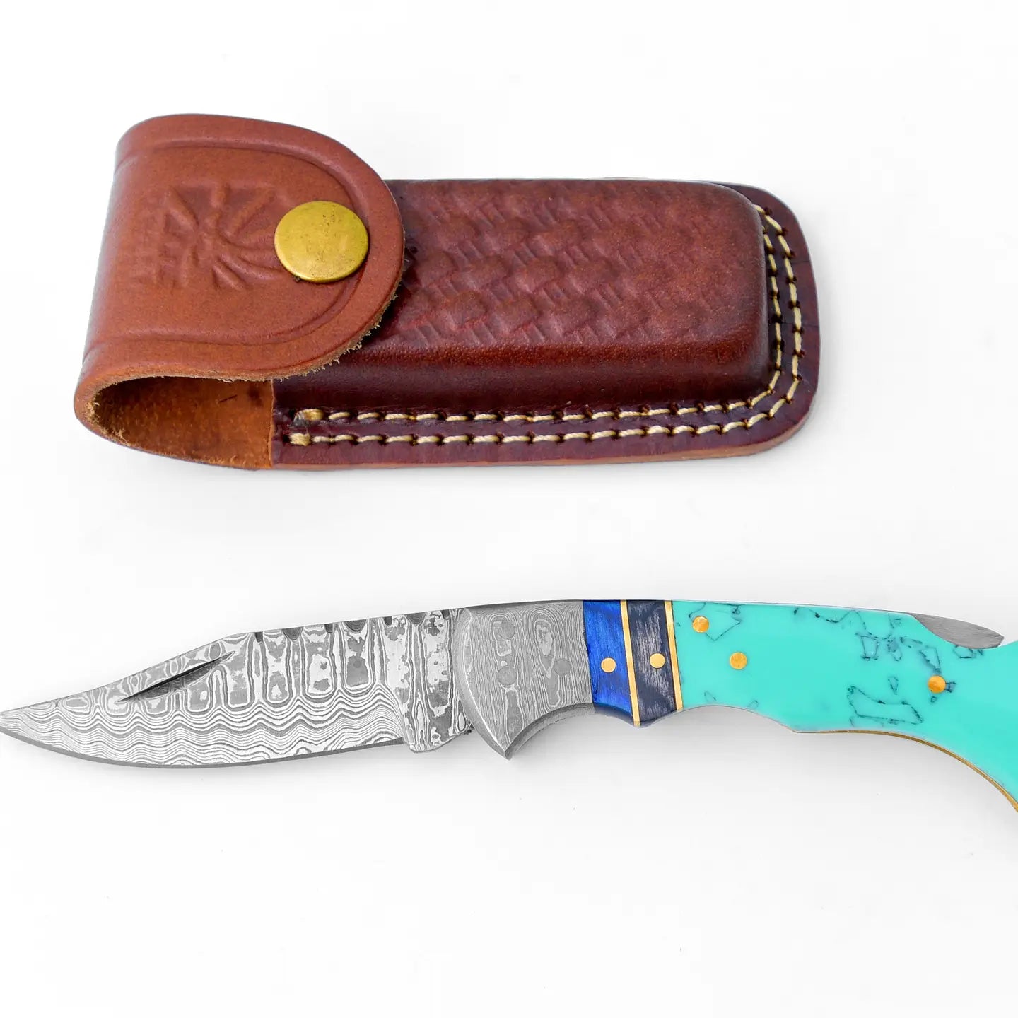 Damascus Steel Pocket Knife Limited Turquoise Resin