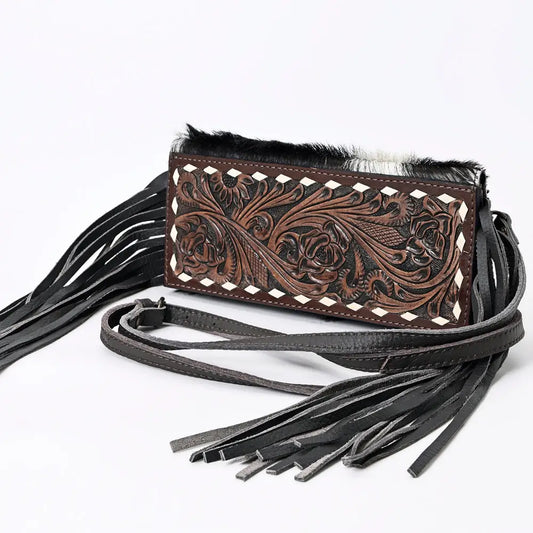 Hair On Tooled Genuine Leather Women's Clutch with Fringe