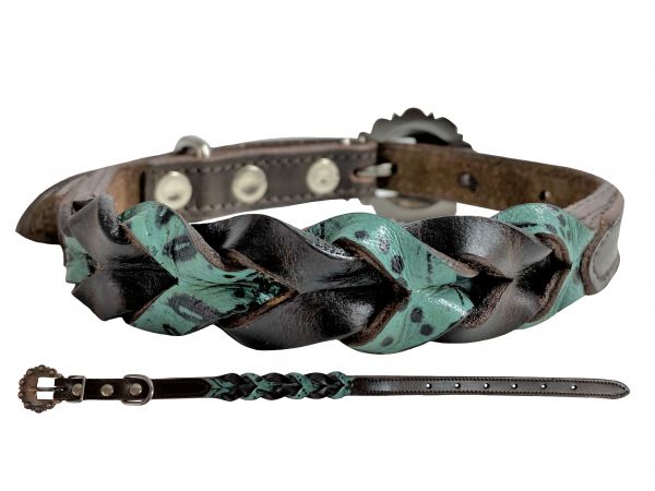 Teal and Dark Oil Braided Leather Dog Collar with Copper Hardware