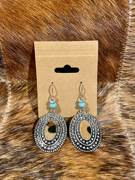 Faux Leopard Oval Earrings with Turquoise Accent