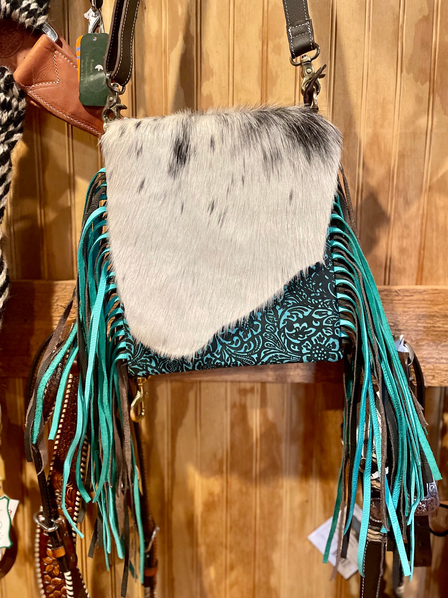 Turquoise Floral Tooled Hair on Hide Fringe Purse