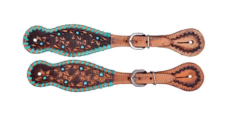 Ladies Leather Spur Straps with Tooled Flowers with Teal Whip Stitch