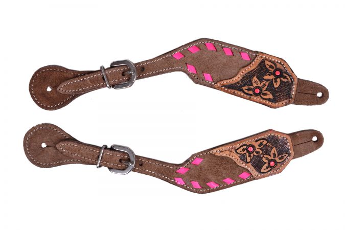 Ladies Chocolate Roughout Leather Spur Straps with Pink Buckstitch Trim