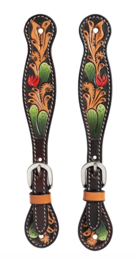 Turquoise Cross Cactus Tooled Ladies Spur Straps