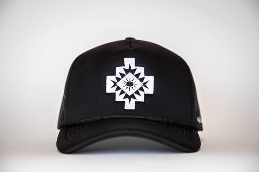 Black Trucker Hat with White Aztec Symbol