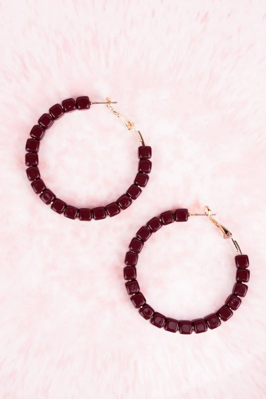 Times Square Burgundy Cube Bead Hoop Earrings