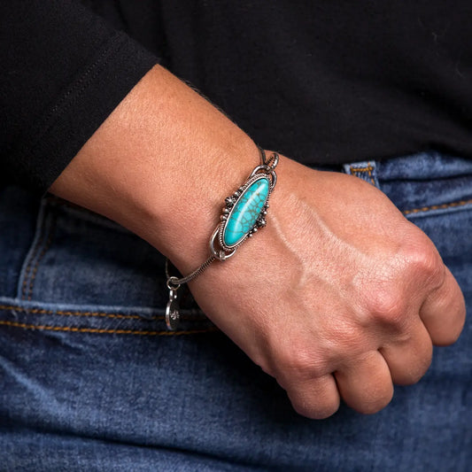 Burnished Silver Rope Wire Bracelet w/ Oval Turquoise Concho