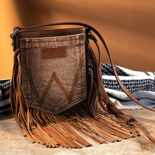 Wrangler Leather Fringe Jean Denim Pocket Crossbody