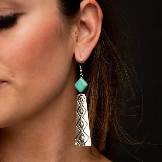 Silver Stamped Elongated Earring w/ Turquoise Diamond Accent