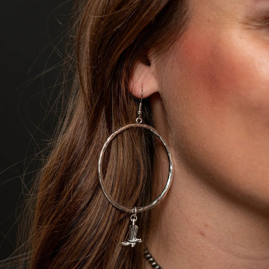 Silver Hammered Dangle Hoop w/ Cowboy Boot Charm