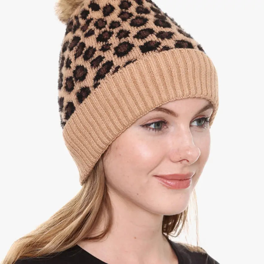 Leopard Pattern Sherpa Lined Pom Beanie