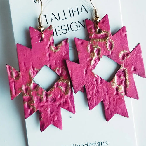 Bright Pink Wildwood Genuine Leather Western Aztec Earrings