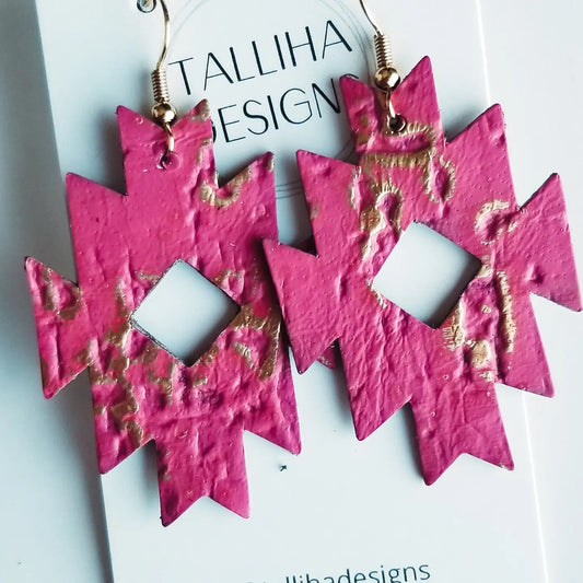 Bright Pink Wildwood Genuine Leather Western Aztec Earrings