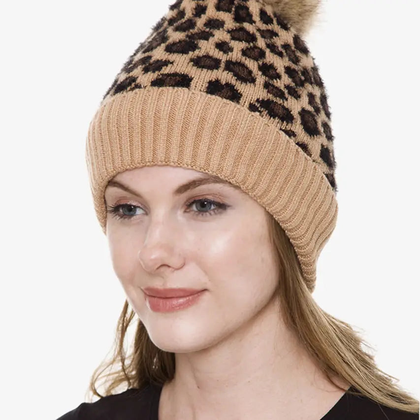 Leopard Pattern Sherpa Lined Pom Beanie