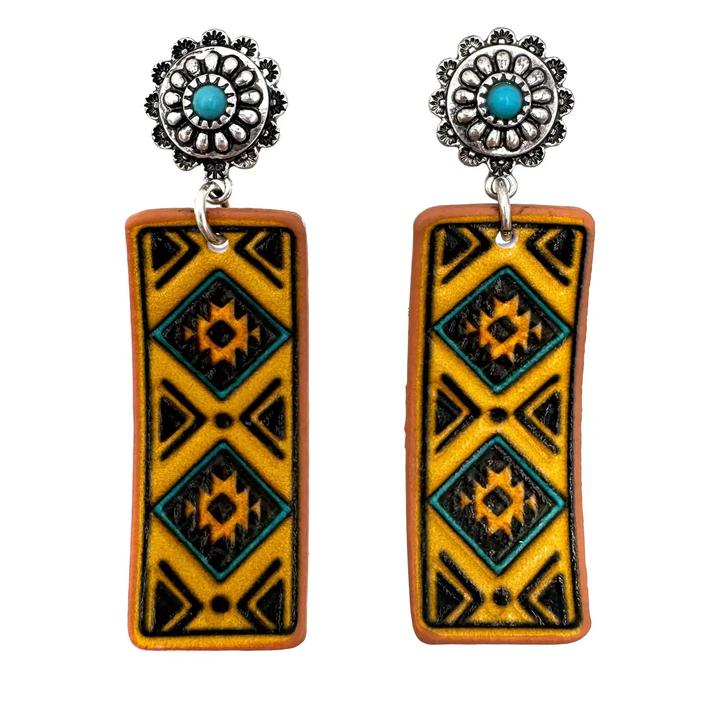 Tooled Leather Western banner Native Pattern Earrings