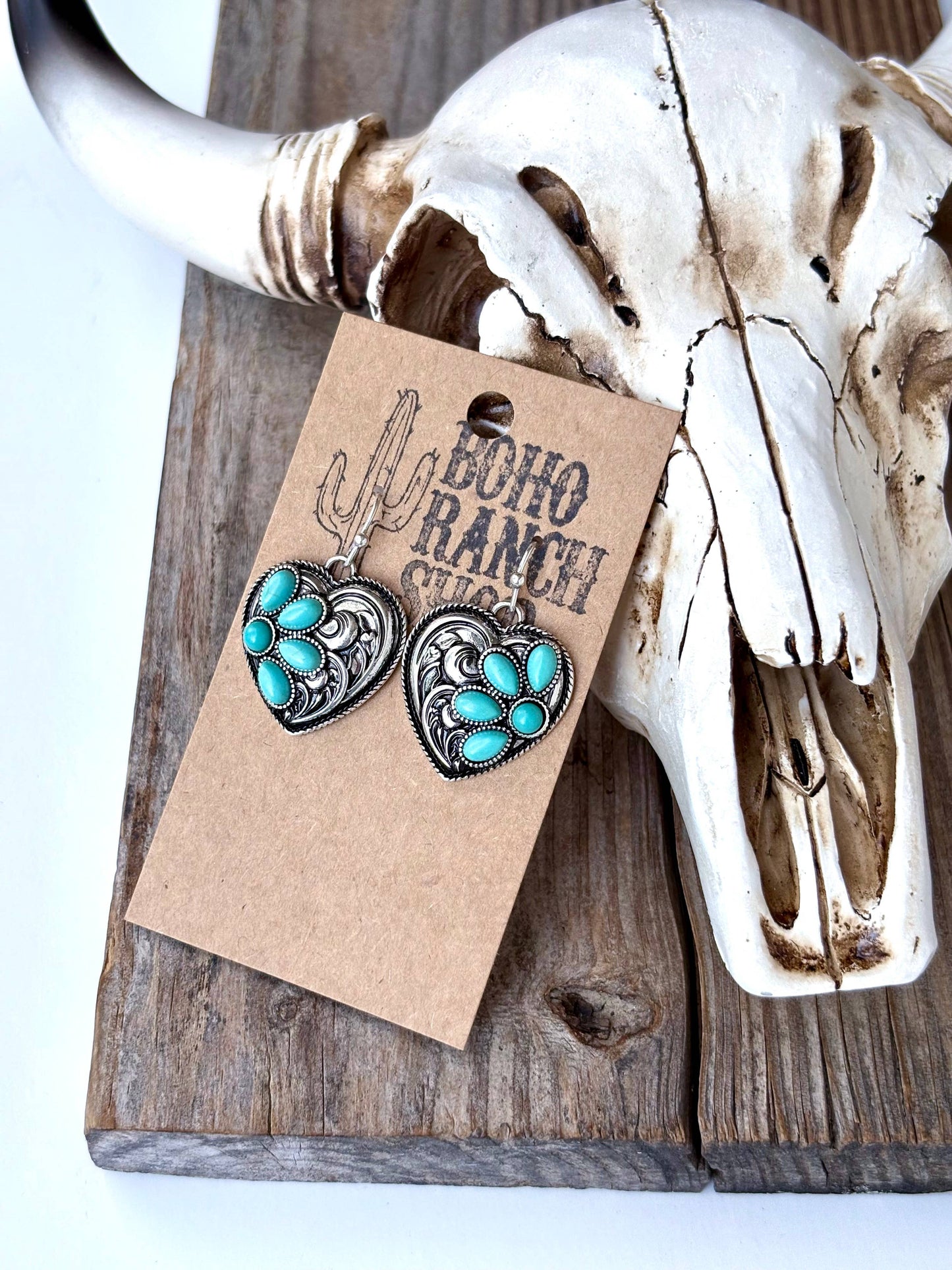 Western Style Heart w/ Turquoise Stone Dangle Earrings