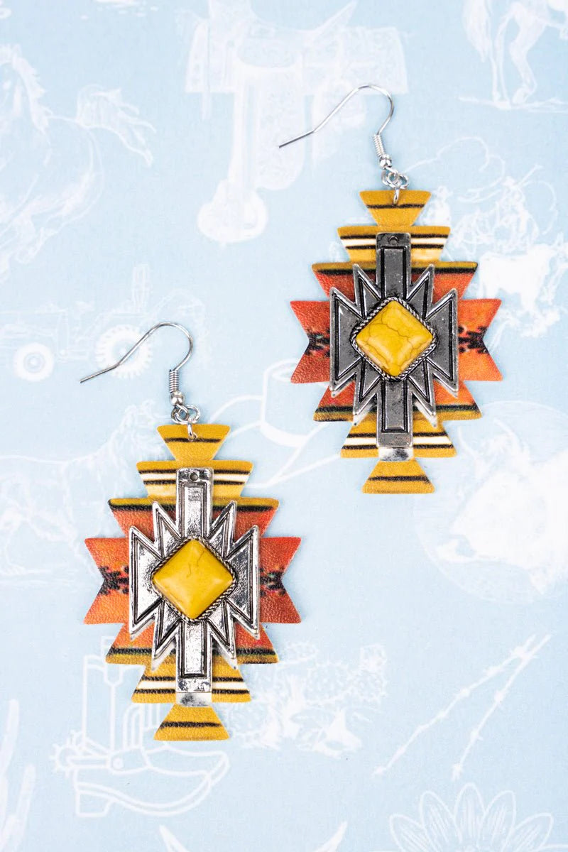 Yellow Layered Tribal Pattern Silvertone Earrings