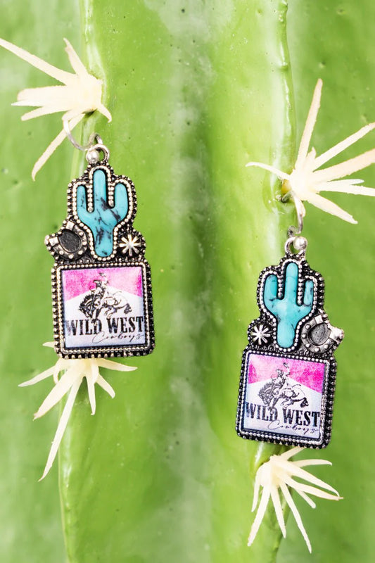 Turquoise Wild West Cactus Silvertone Earrings