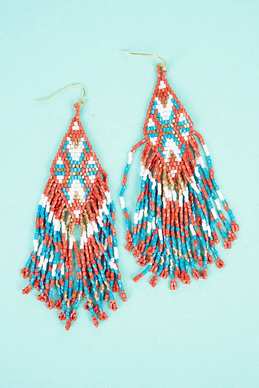 Channing Coral and Blue Seed Bead Fringe Earrings