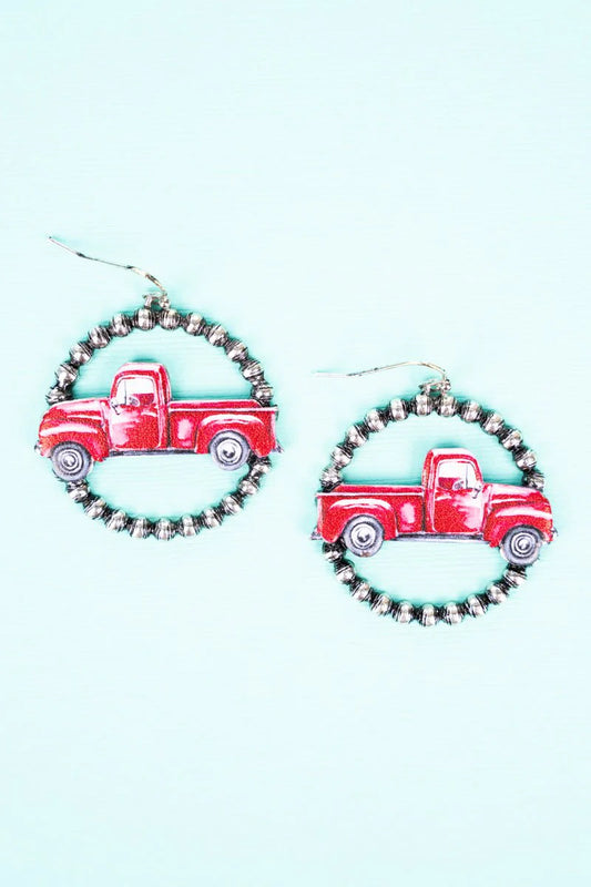 Red Farm Truck Silvertone Earrings