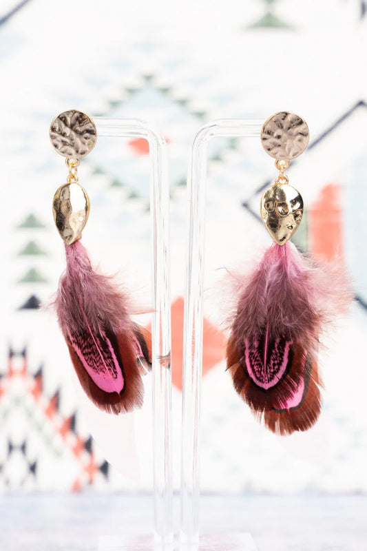 Phoenix Pink Feather Goldtone Earrings