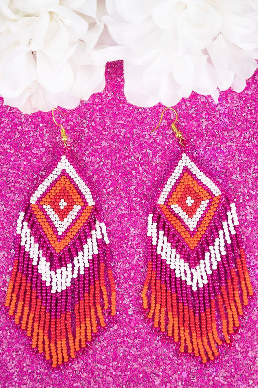 Fuchsia and Orange Seed Bead Diamond Fringe Earrings