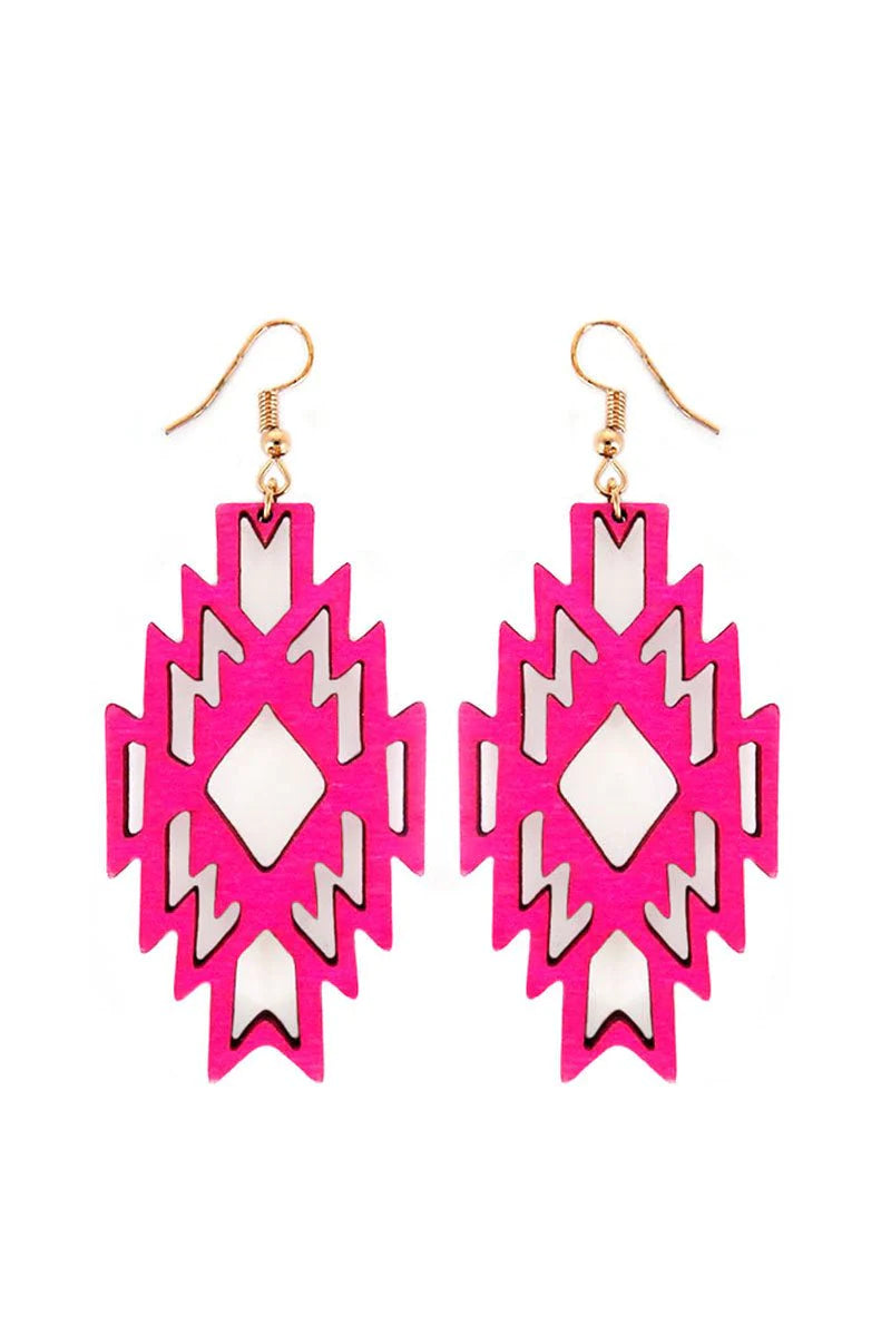 Fuchsia Wood Aztec Earrings