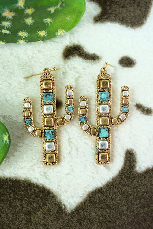 Goldtone Turquoise, Gold & Silver Cube Bead Cactus Earrings