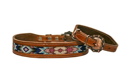 Turquoise/Pink/Purple Beaded Leather Dog Collar