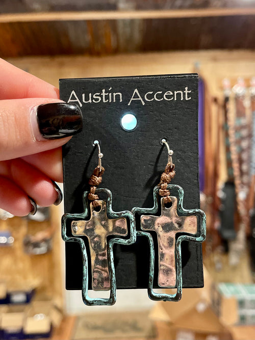 Silver Cross Earrings w/ Copper Patina Border