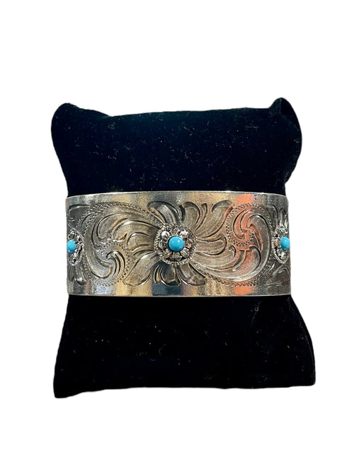 Wide Silver Floral Cuff w/ Turquoise Accents